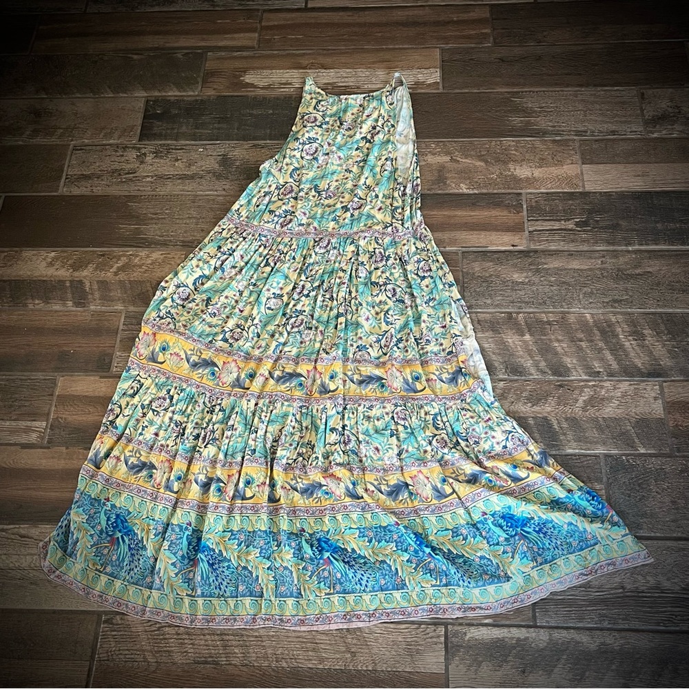 Lin Jia & Shop yellow and blue floral maxi dress tiny MOP buttons S - Picture 2 of 9